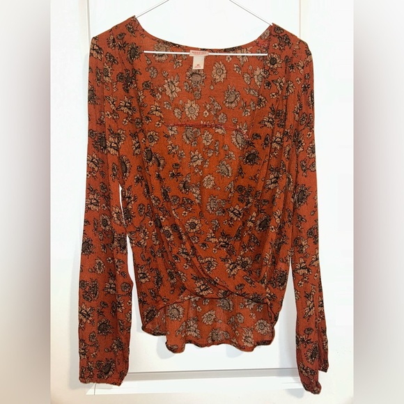 Boho Floral Rust V-Neck Women's long sleeve Top - Picture 6 of 6